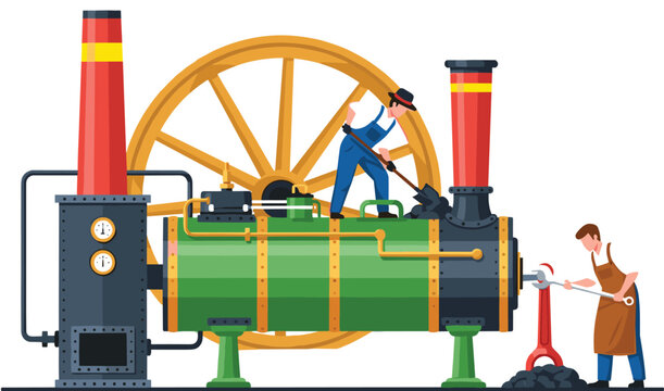 Industrial workers operating vintage steam engine machine shoveling coal and fixing valves vector illustration isolated,