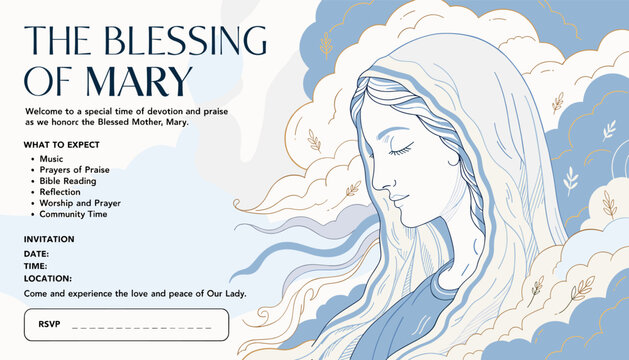 A serene illustration of the Virgin Mary in profile, surrounded by blue and white patterns, accompanying an event invitation for "The Blessing of Mary" with details on devotion and praise.