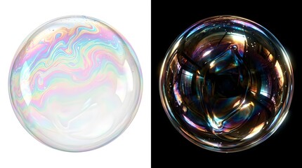 Fototapeta premium Iridescent Soap Bubble Spheres with Colorful Refractions on Split White and Black Backgrounds