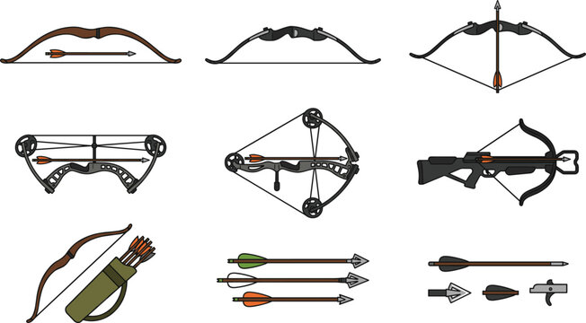 Archery bows arrows and crossbows collection featuring traditional recurve compound hunting equipment and shooting sports vector icons