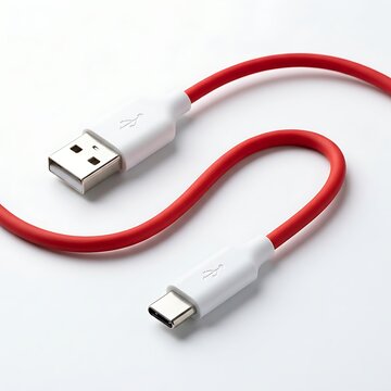 Usba to usbc charging cable with red cord isolated on white background