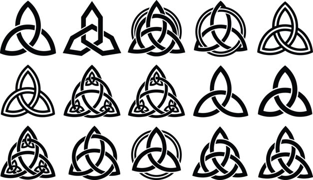 Celtic trinity knot symbol collection with triquetra geometric interlaced patterns and ancient ornamental designs vector illustration isolated on white background