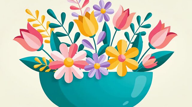 Flat vector illustration of flowers in blue bowl.
