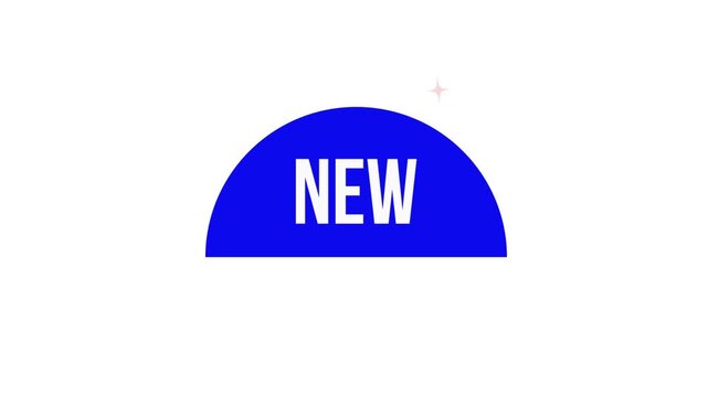 Blue half circle graphic with the word new in white text and a small pink star animation 4k stock video