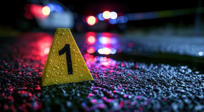 Yellow crime scene marker on wet road at night with police lights