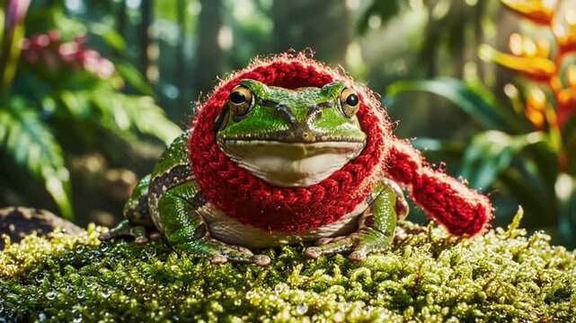 Cute green frog wearing red scarf sitting on mossy ground in lush green forest with happy expression