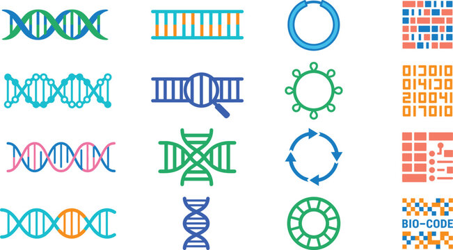 DNA and Genetic Engineering Icon Collection Vector Set Featuring Genome Analysis Biotechnology Molecular Research Bioinformatics and Medical Science Symbols