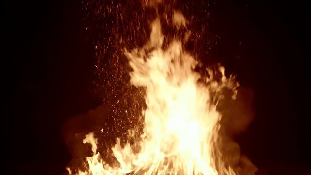 A vibrant bonfire burns intensely against a dark background.