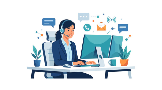 Customer support representative assisting clients from home office setup with computer and headset on