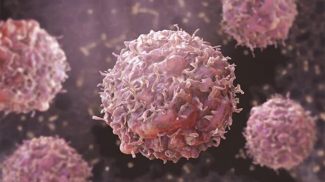 Tumour cells, 3D animation showing slowly drifting and rotating malignant cells, illustrating uncontrolled proliferation and cancer pathology in medical context.