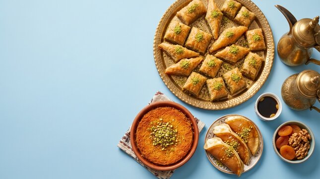 Traditional Arabic Desserts Assortment with Baklava Kunafa and Qatayef on Golden Tray, Top View over Blue Background for Ramadan and Eid Mubarak Festive Celebration Concept