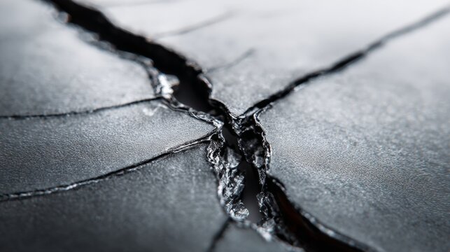 Crack splits dark, wet surface with jagged, textured edges. Reflective moisture lines highlight fracture's depth and rawness. Close-up shows tension, decay, or breakage in a sleek material