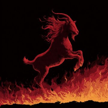 Red goat leaps through flames. Rearing beast embodies power and danger. Fiery foreground intensifies dramatic motion. Silhouetted against pure darkness. Ideal for themes of rebellion, transformation