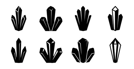 Fototapeta premium Black geometric crystal cluster icons set - A stylish collection of black geometric crystal shapes arranged in a clean, modern icon set perfect for design projects.