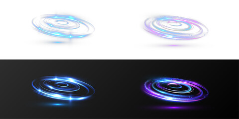 Obraz na płótnie Canvas Set of glowing neon spiral light rings with blue and purple energy trails. Futuristic circular vortex effects isolated on transparent background.