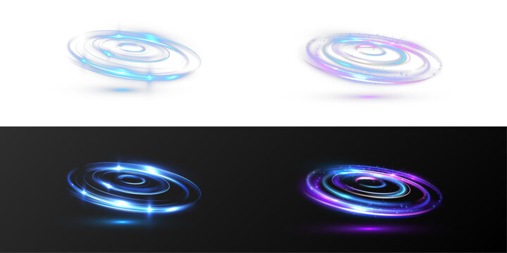 Set of glowing neon spiral light rings with blue and purple energy trails. Futuristic circular vortex effects isolated on transparent background.
