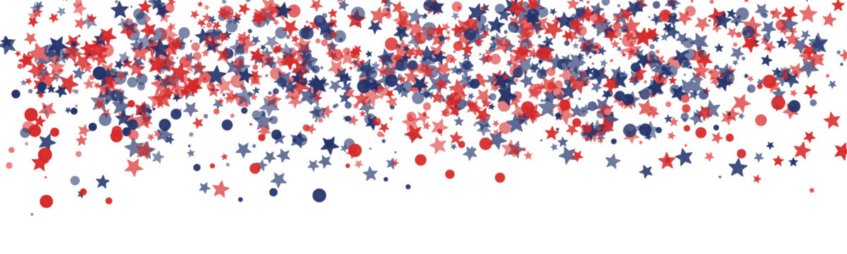 Vibrant abstract pattern of red, white, and blue stars and circles on white background