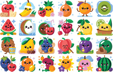 Fototapeta premium Kawaii fruit summer character collection with cute expressions and decorative floral elements