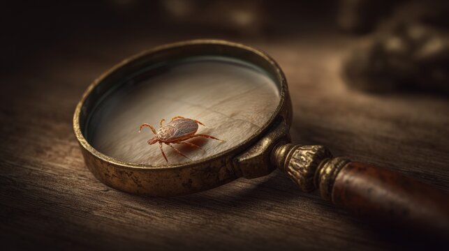 Tiny tick rests beneath vintage magnifying glass. Warm lighting highlights insect's delicate legs and body. Wooden surface adds rustic, detailed background texture