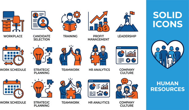 Corporate business management and human resources icon set featuring workplace, candidate selection, training, profit management, leadership, work schedule, strategic planning, teamwork, HR analytics,