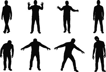 Collection of human and zombie silhouettes showing upright and slouched postures with outstretched arms – black vector illustration set © TOMSINA