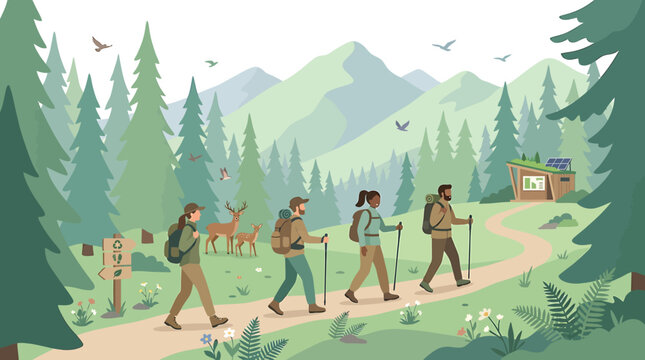Hikers walking on a mountain forest trail with a deer and cabin in a national park landscape scene outdoors.