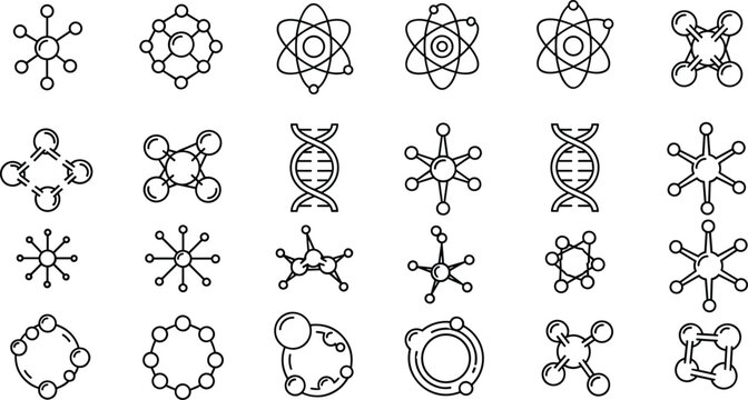 Collection of scientific icons including atoms, molecules, DNA strands, and chemical bonds &ndash; black and white vector illustration set