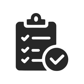 Black checklist icon on clipboard with checkmark