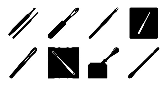 Minimalist scissors and pencil icons set - A clean set of minimalist icons featuring scissors and pencil in various angles and styles for design projects.