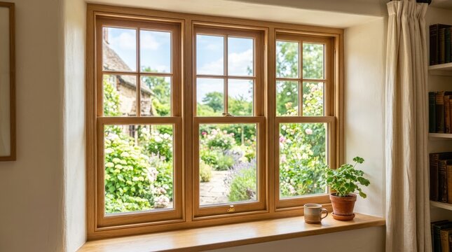 Bright interior view through traditional wooden sash windows overlooking a lush english country garden in summer