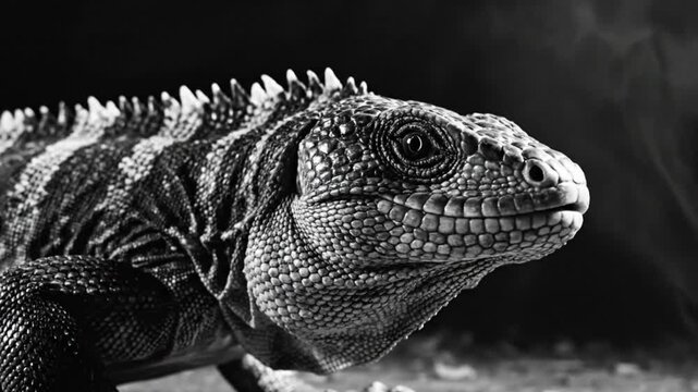 Black and white close up of a lizard with a spiky dorsal ridge and detailed scales near smoke and darkness