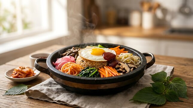 Steaming Bibimbap in a Hot Stone Bowl with Fried Egg and Vegetables