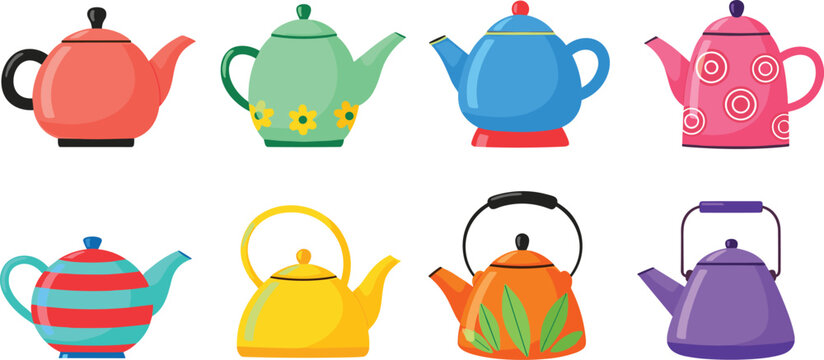 Colorful teapot illustrations with diverse shapes, patterns, and artistic designs for vector artwork