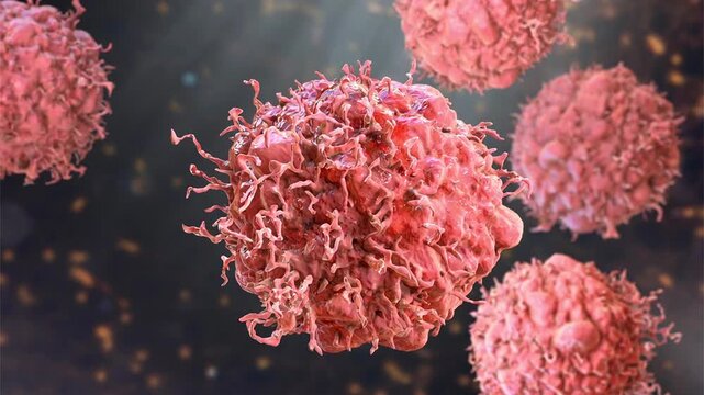 Tumour cells, 3D animation showing slowly drifting and rotating malignant cells, illustrating uncontrolled proliferation and cancer pathology in medical context.