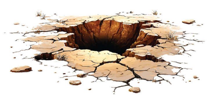 Large deep hole in dry cracked desert ground with brown earth texture