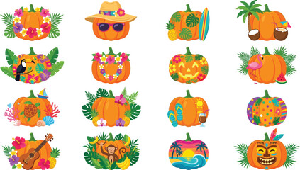 Naklejka premium Pumpkins with tropical motifs decorate this vibrant seasonal collection.