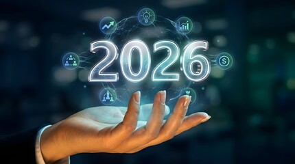 Obraz premium Hand holding holographic 2026 projection with digital icons futuristic scene