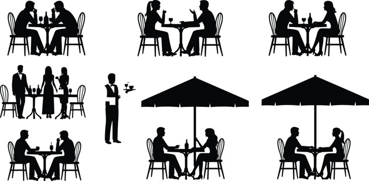 Dining Silhouette Vector Collection Featuring Restaurant, Caf&eacute;, and Social Interaction Scenes