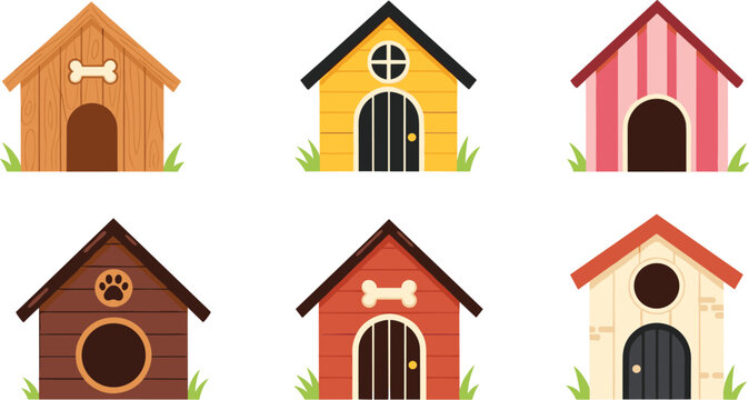 Dog house collection, cartoon pet shelter vector set, kennel design elements, animal illustration graphics, colorful decorative icons