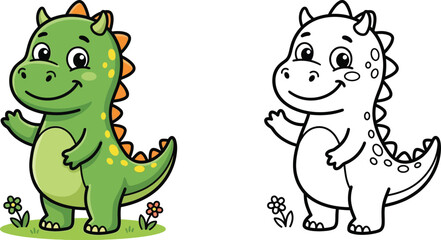 Naklejka premium Color and outline cartoon dinosaur mascot illustration with coloring page, line art