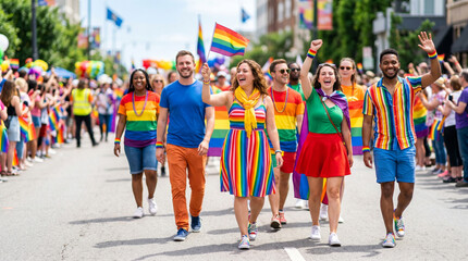 Obraz premium Group of diverse people walking joyfully in rainbow colored clothing on parade for Pride Month 