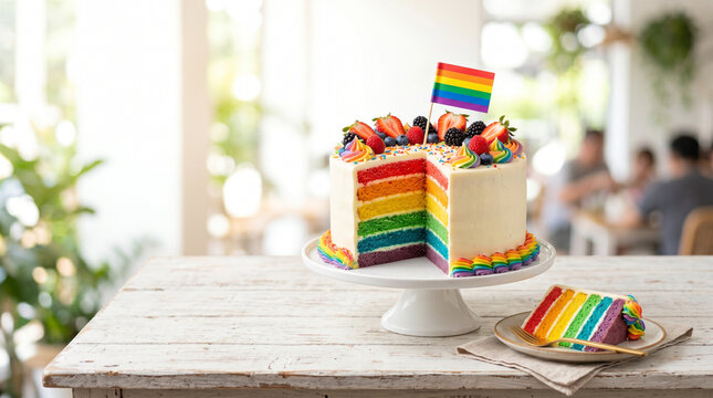 Rainbow cake decorated with fruits on table for Pride Month  