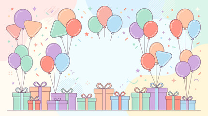 Naklejka premium Pastel Colored Balloon Bunches and Gift Boxes Birthday Celebration Background Illustration