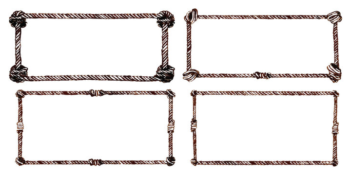 Set of four rectangular rope frames with decorative knots for nautical or maritime design projects