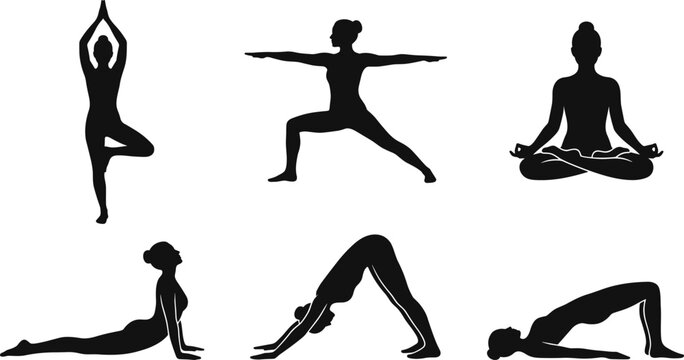 Yoga Pose Silhouette Collection Featuring Meditation Warrior Tree Cobra Downward Dog and Bridge Postures