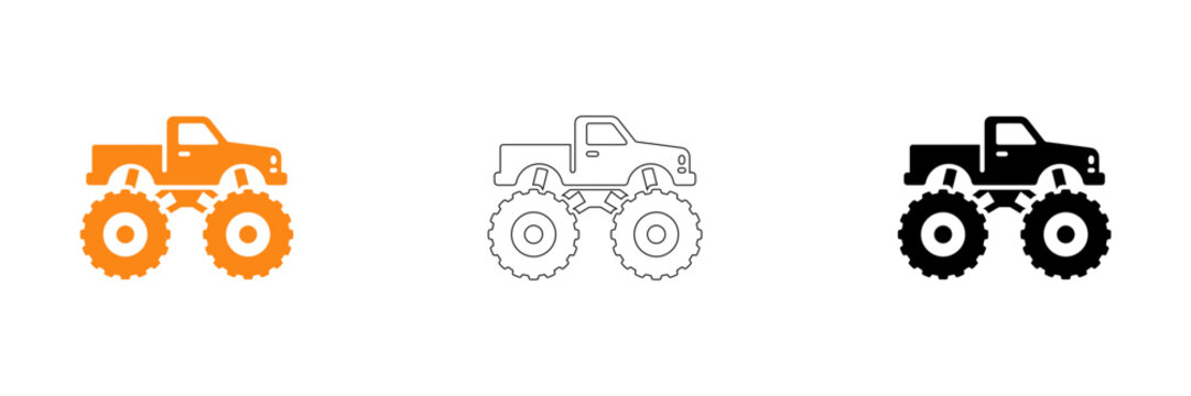 Monster truck icon set color outline and silhouette versions