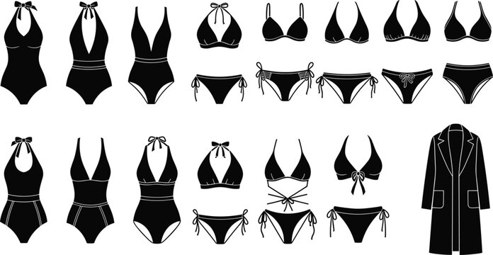 Fashion swimwear collection illustration featuring various bikini and one-piece designs with coat, modern beachwear silhouette set for apparel design and retail catalog