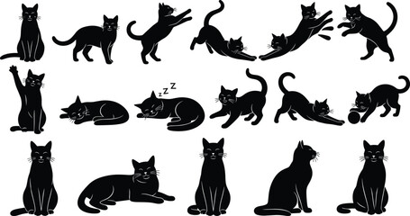 Collection of black cat silhouettes in various poses including sitting, standing, stretching, playing, and sleeping – feline behavior vector illustration set © TOMSINA