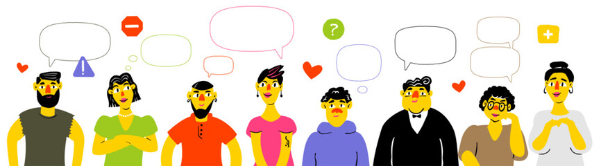 Fototapeta premium Colorful vector illustration of diverse cartoon people with speech bubbles, hearts and icons. Social communication concept for chat, feedback, community, discussion and teamwork.