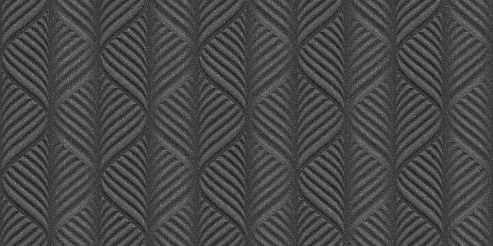 A dark, textured pattern of repeating abstract leaf-like shapes, creating a sophisticated and organic backdrop. The deep gray tones and raised.